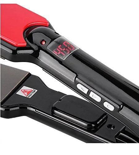 Black hair straightener with tourmaline ceramic plates and narrow 15mm heat conductor