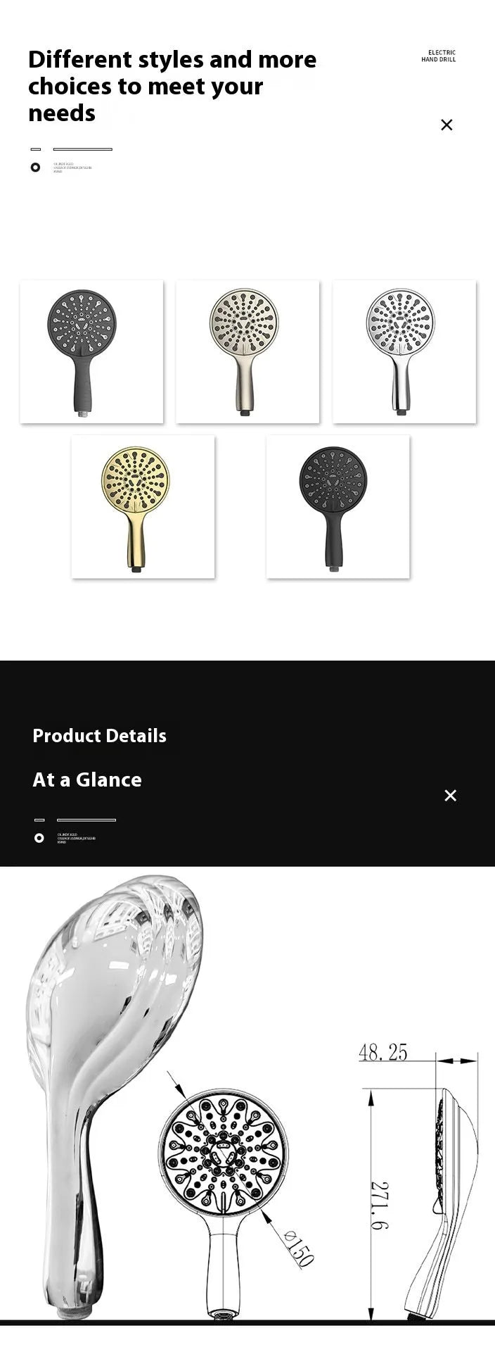 Chrome electroplated six-function handheld shower head with a 6-inch face