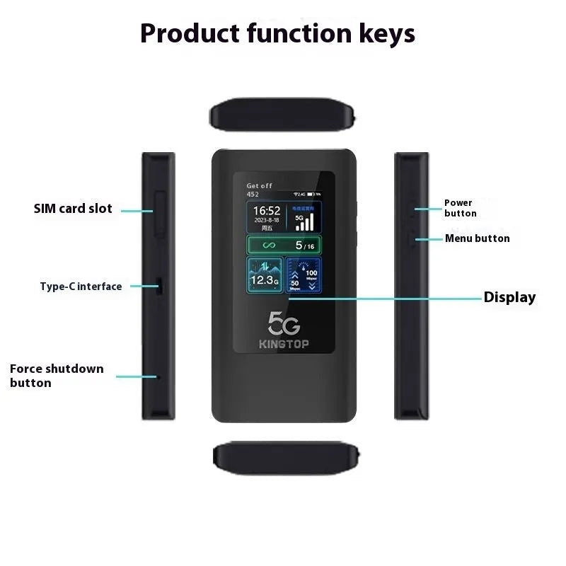 Black portable 5G Wi-Fi router with LCD screen, showing compact size next to a charging cable.