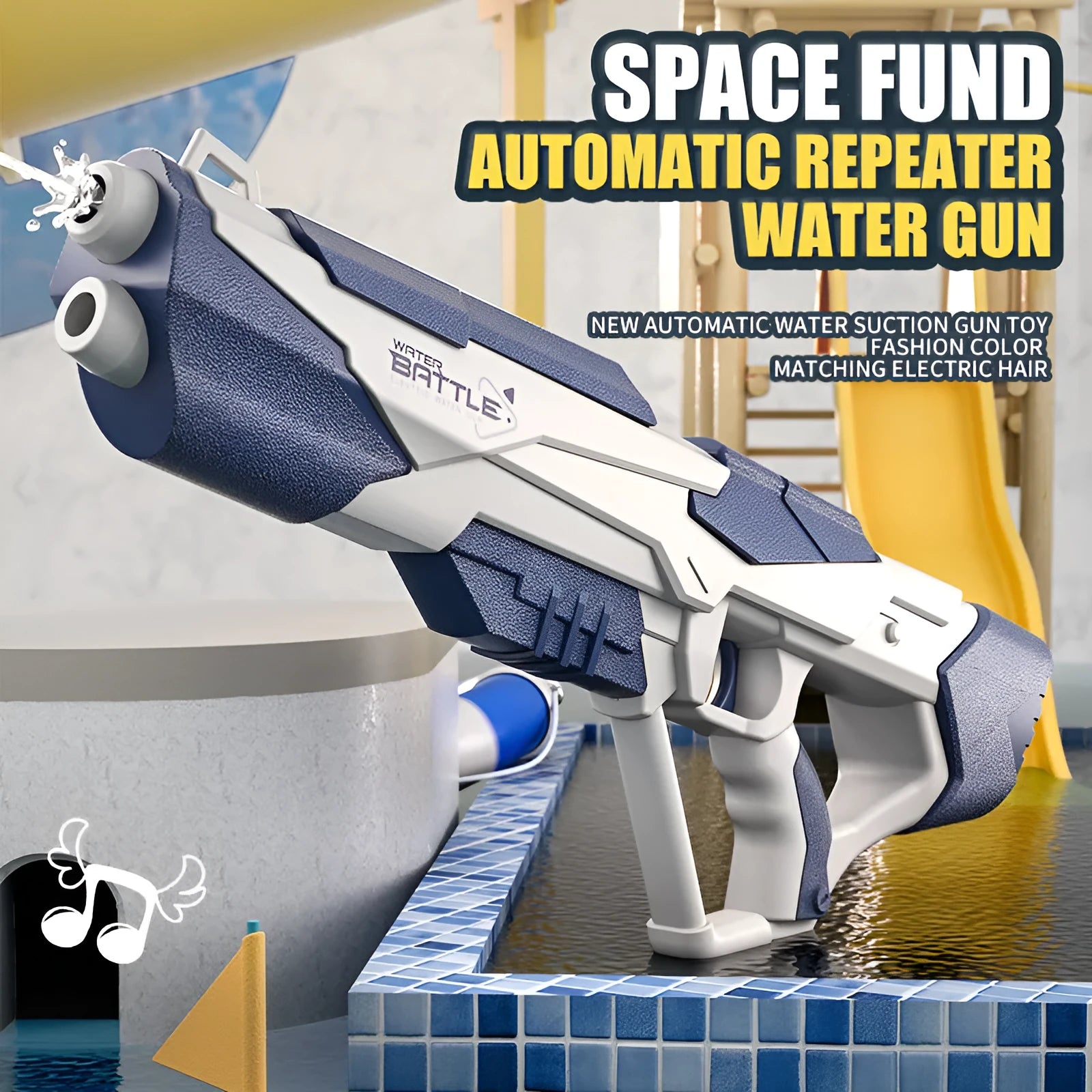 Blue electric water gun toy with USB charging cable on a sandy beach