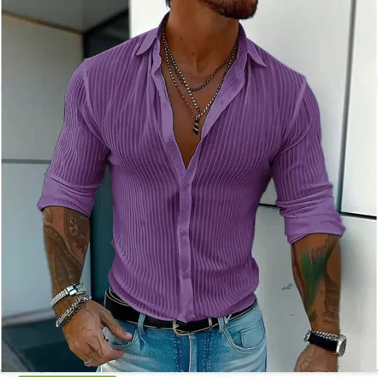 British style striped men's cardigan long sleeve shirt in flat mop cloth fabric