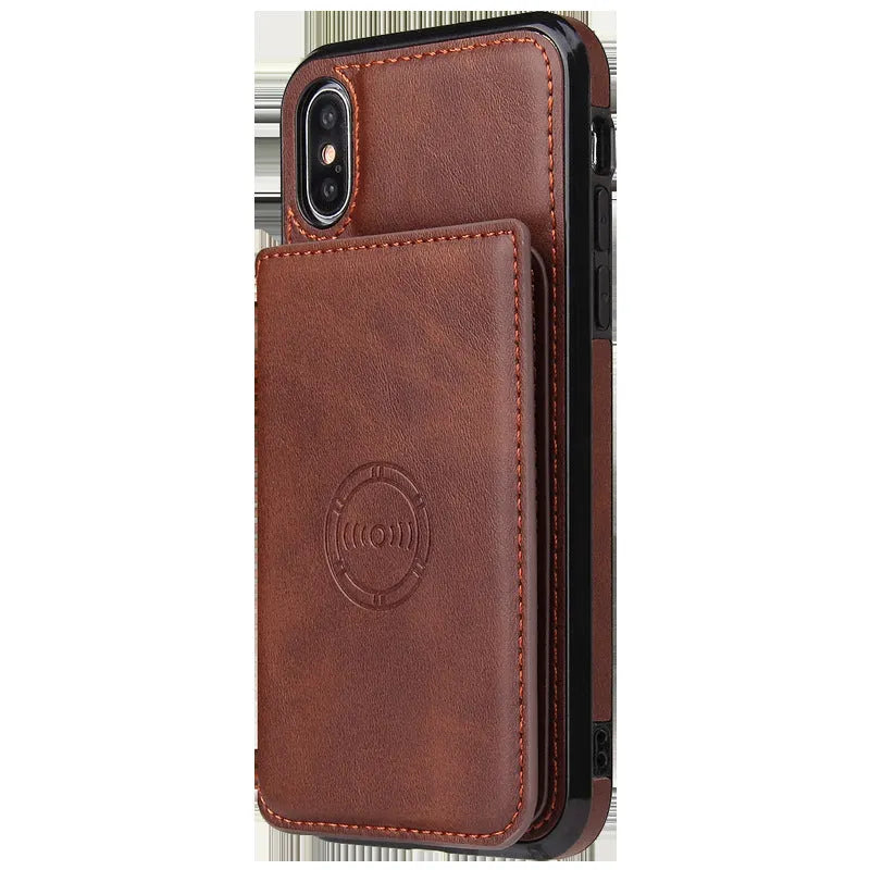 Imitation leather card wallet phone case for iPhone in solid colours like black and blue, showing card slot.
