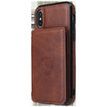 Imitation leather card wallet phone case for iPhone in solid colours like black and blue, showing card slot.
