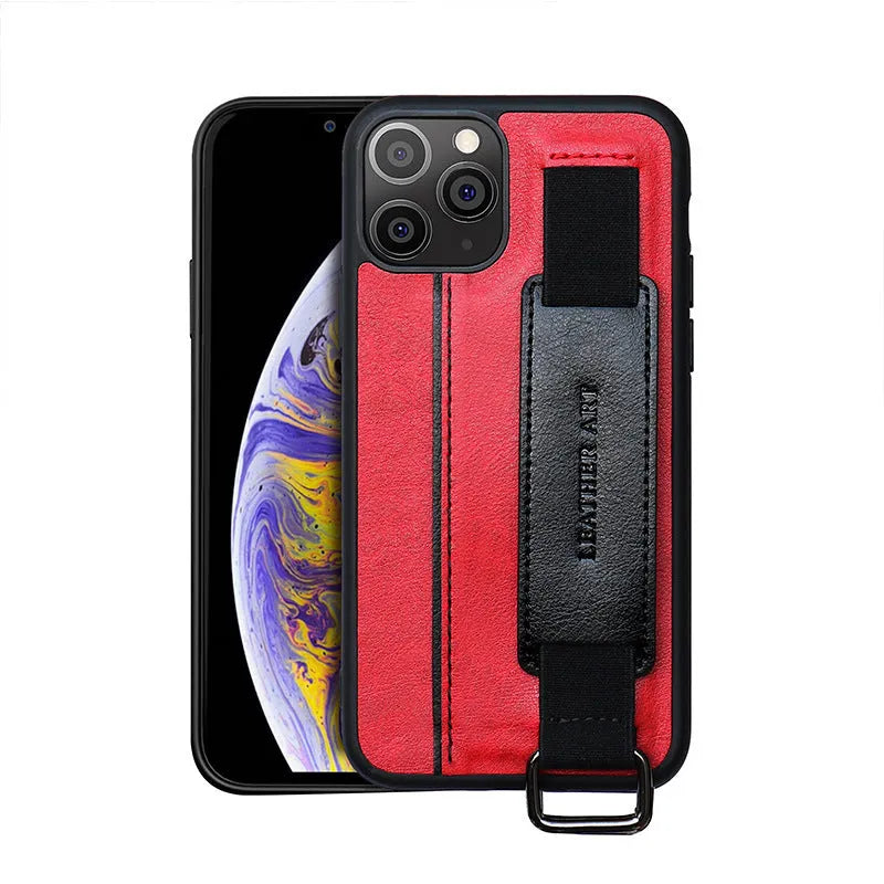 Imitation leather wristband phone case for iPhone with stretchable strap in brown colour