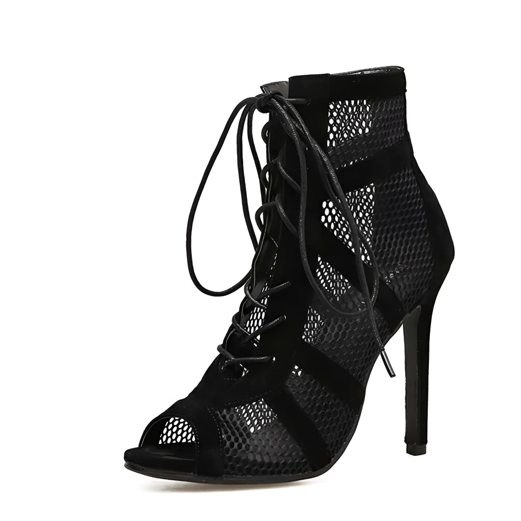 Black suede women's lace-up high heels with 11.5cm heel and 1cm platform