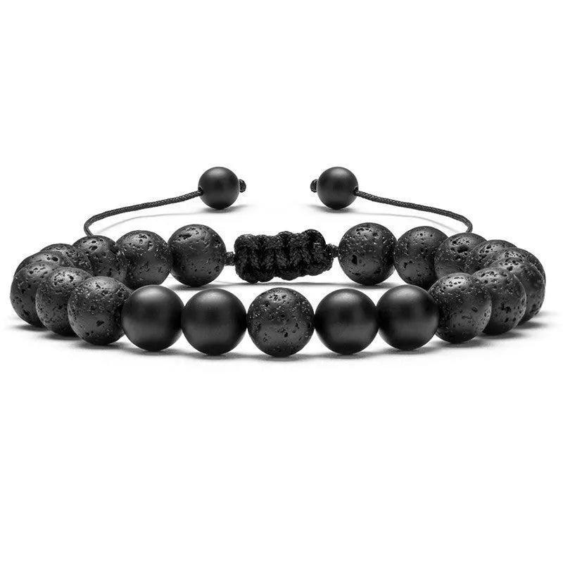 Geometric agate couple bracelets in tiger eye and matte black beads.