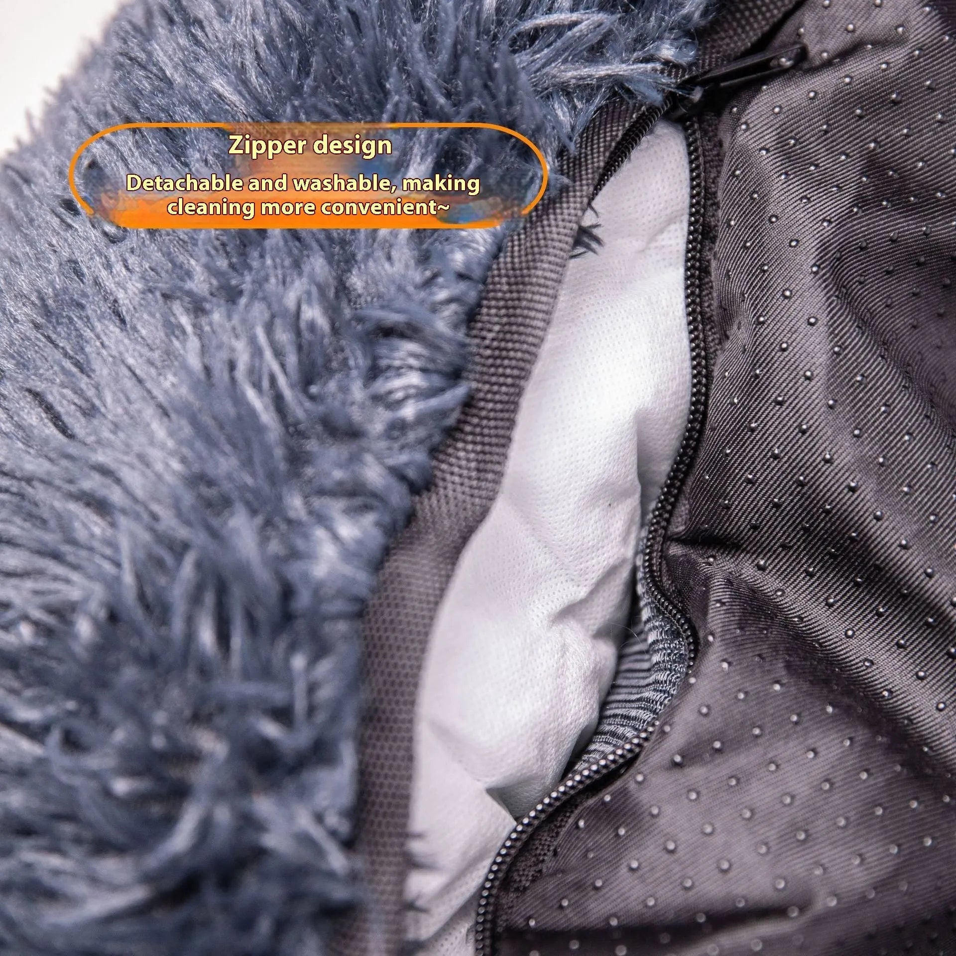 Winter-thickened cloth pet mat for car seats in beige and dark grey colours.