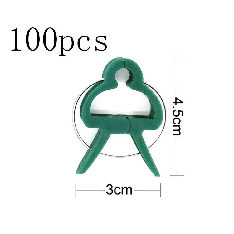 Green plastic and zinc plant fixing clips in large and small sizes for securing climbing plants.