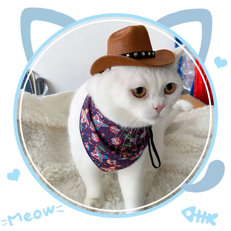 British-style brown cowboy hat for a cat with a black ribbon trim.