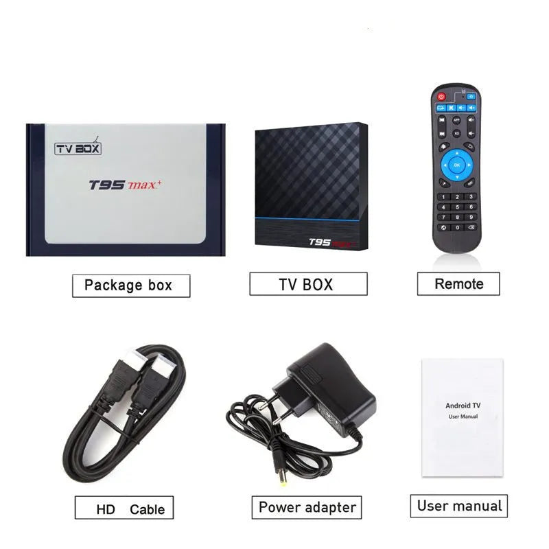 Black T95 Max Plus Android TV Box with remote, showing UK plug power adapter.