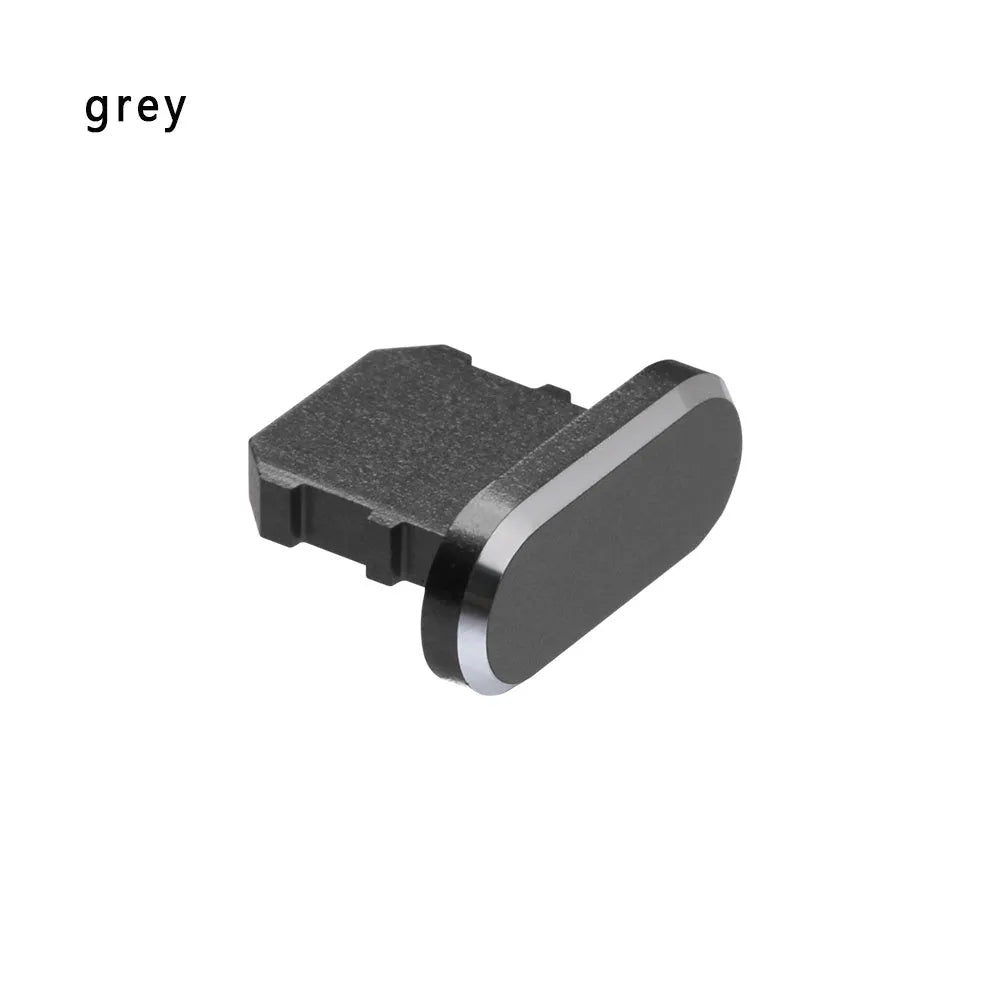 Aluminium alloy charging port dust plug for iPhone in various colours including gold, silver, blue, and black.