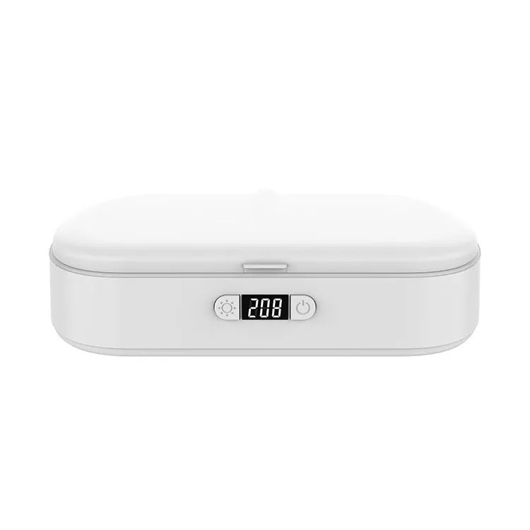 White UV steriliser and wireless charging box for mobile phones and small items