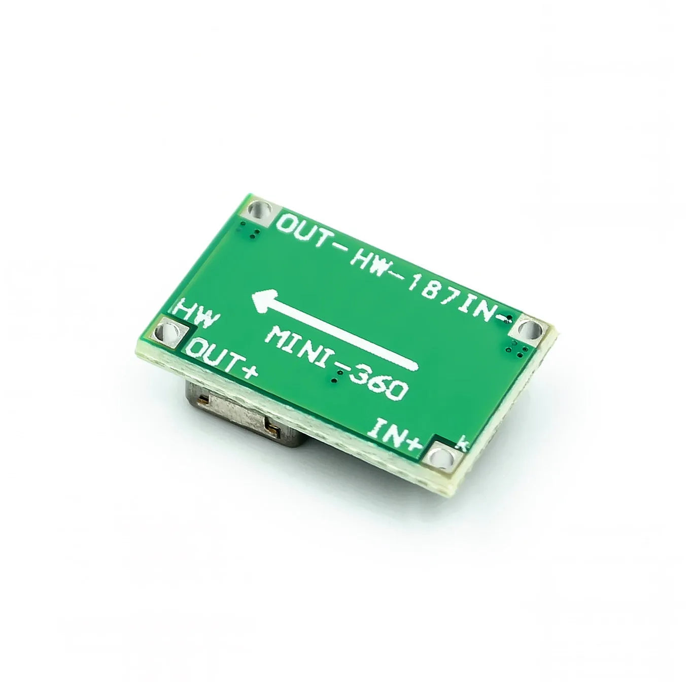 Mini-360 green DC-DC buck converter step-down power module on white background