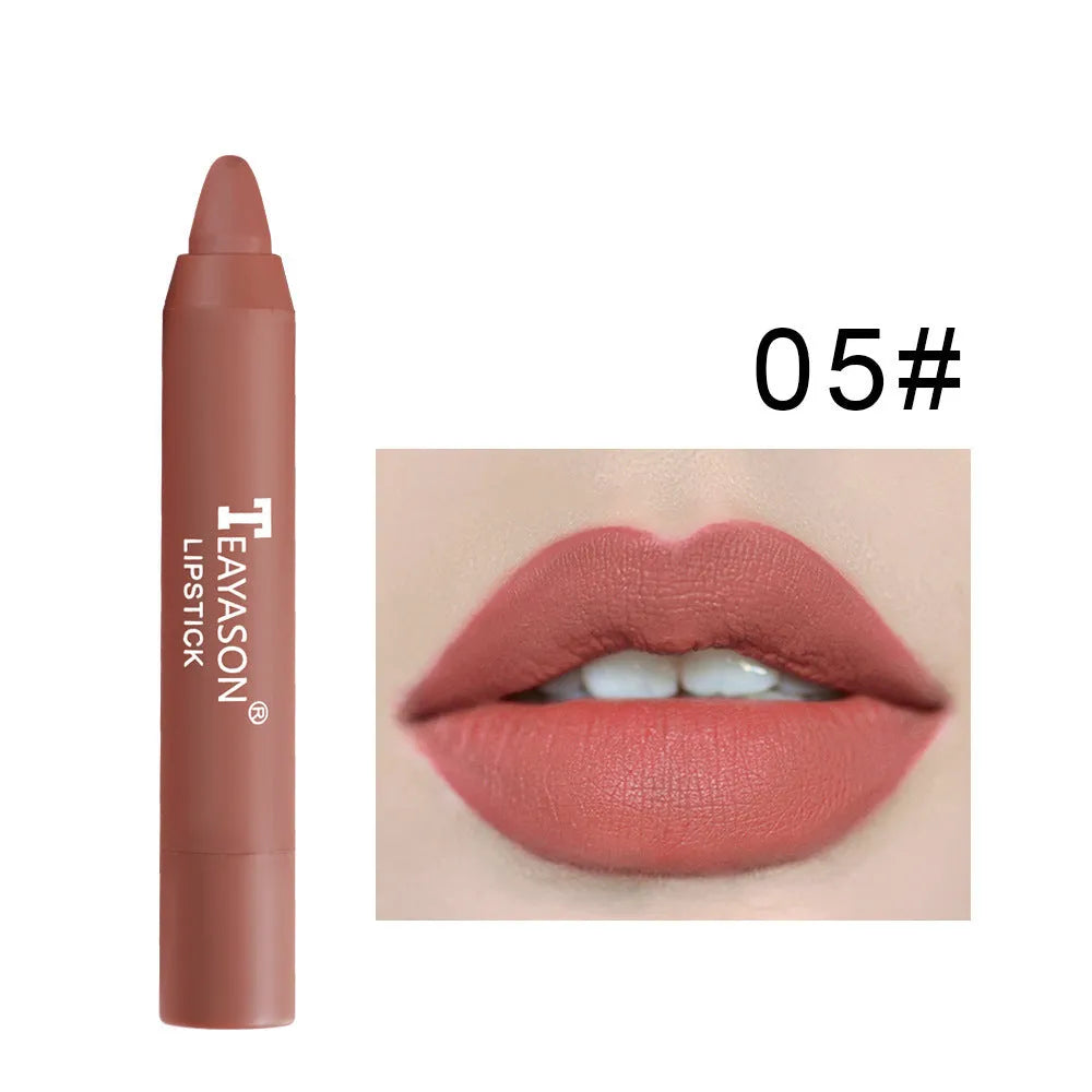 Matte rotating lipstick pen with 12 colour shades in compact 1.8 x 1.8 x 11 cm packaging