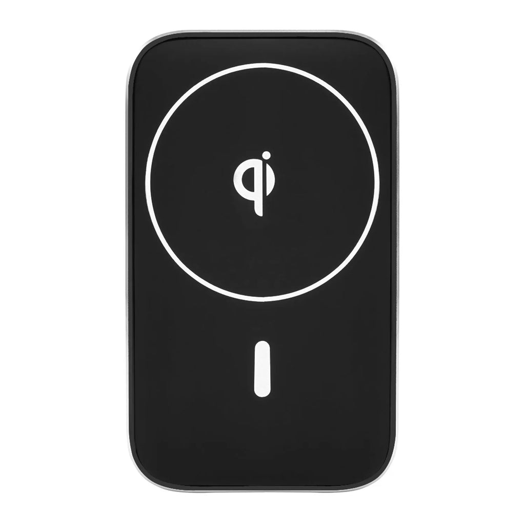 Black M6 magnetic wireless car charger bracket mounted on dashboard with phone attached