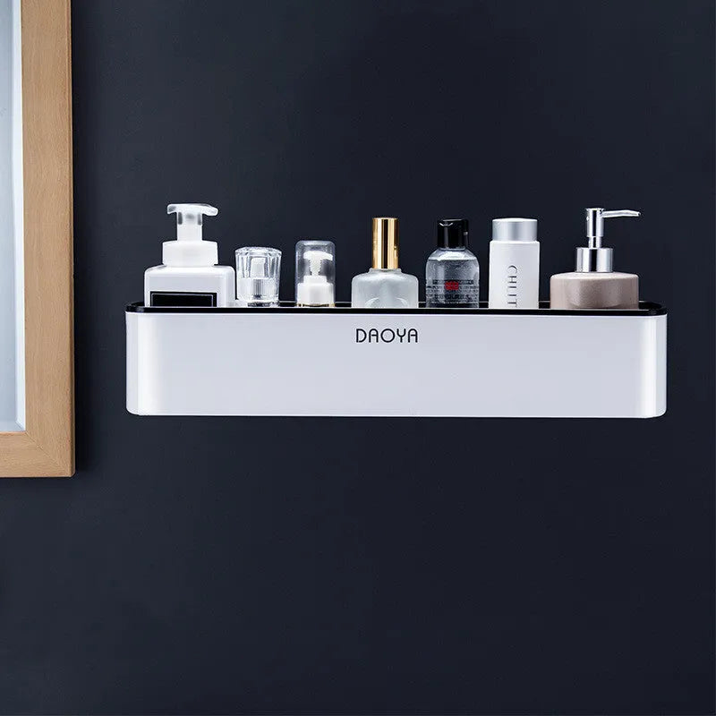 Plastic bathroom wall shelf with hole-free installation for shampoo and shower gel storage in black or grey