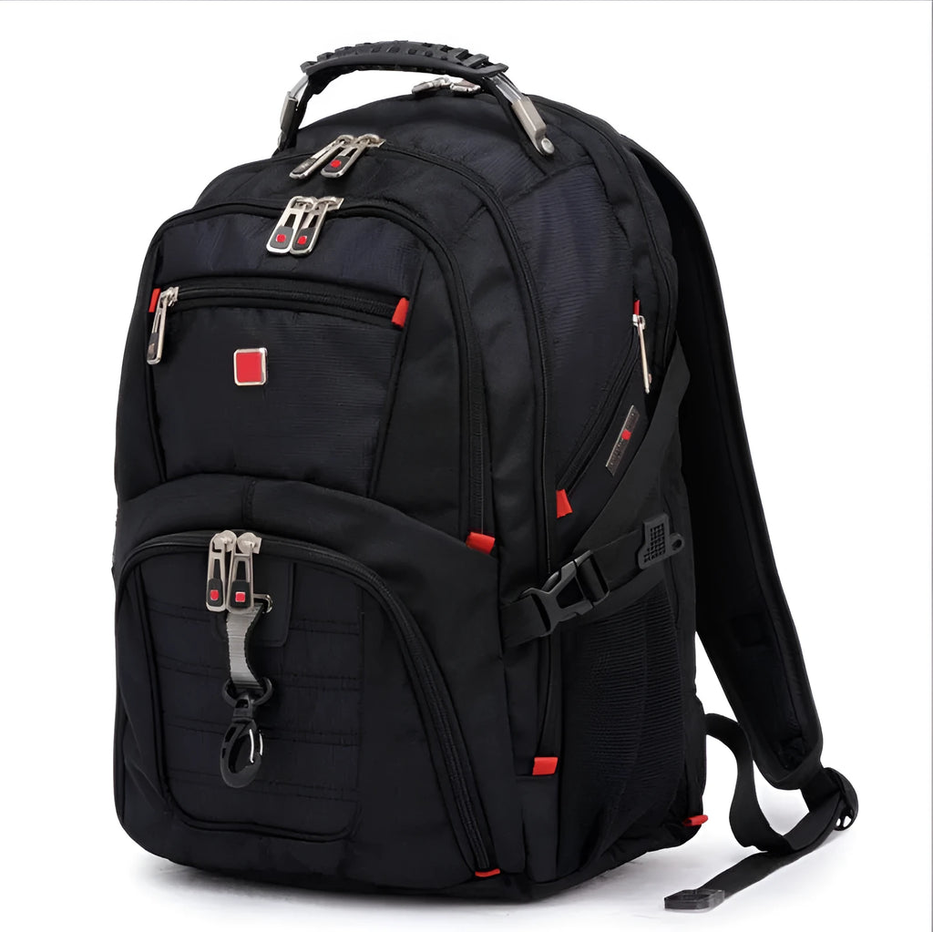 Black business computer backpack showing three compartments and laptop storage