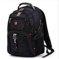 Black business computer backpack showing three compartments and laptop storage