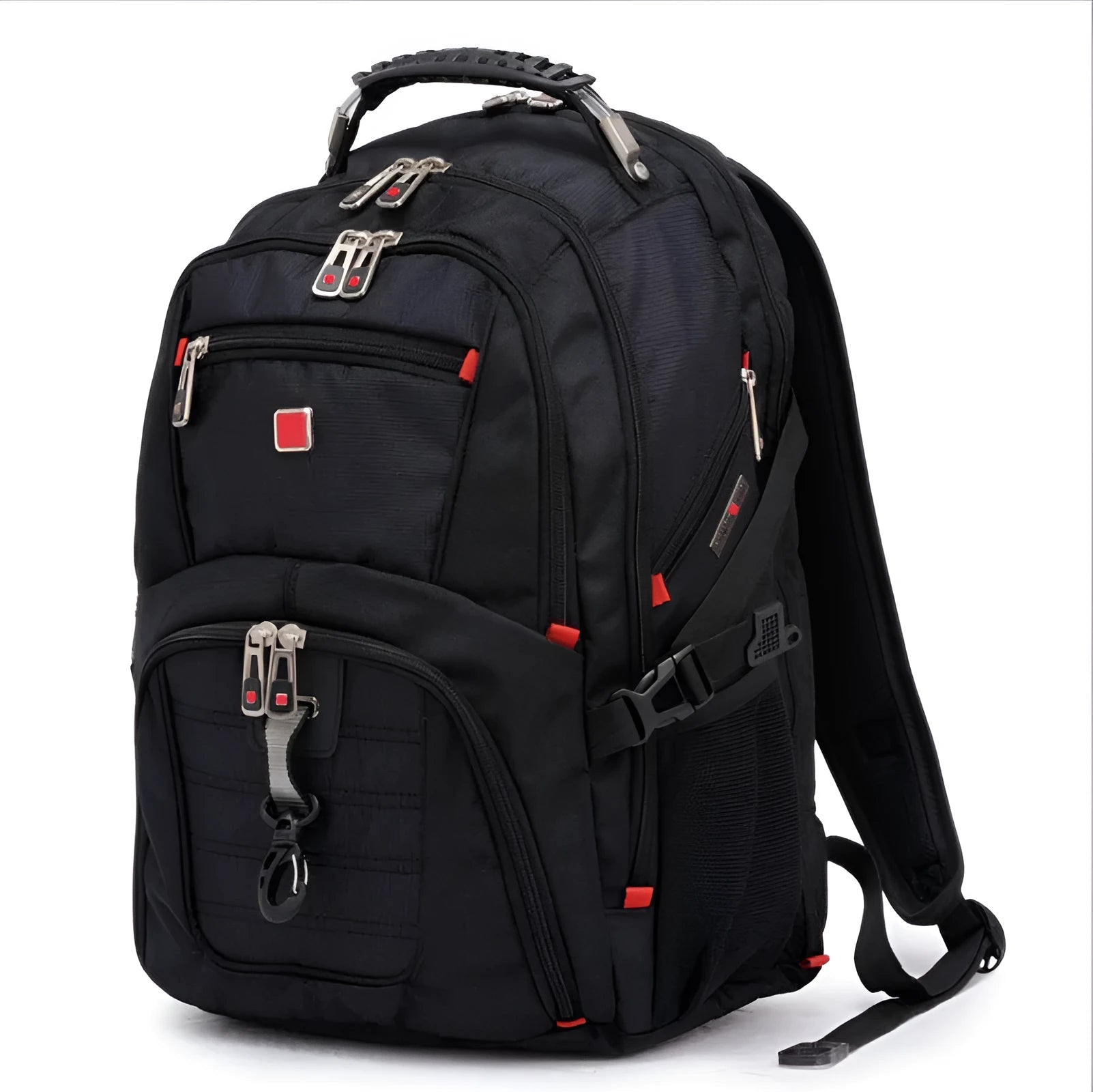 Black business computer backpack showing three compartments and laptop storage