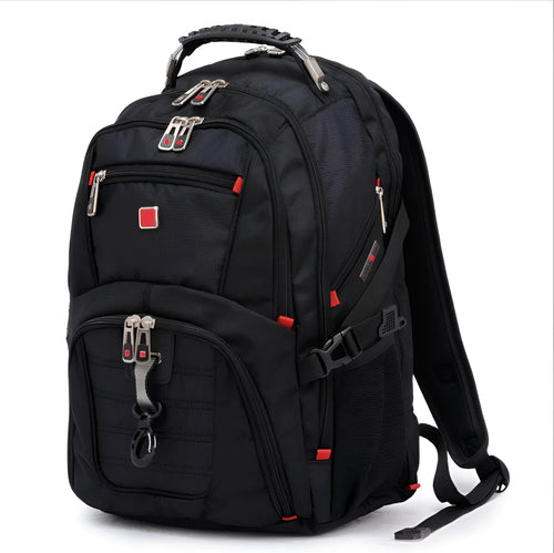 Black business computer backpack showing three compartments and laptop storage