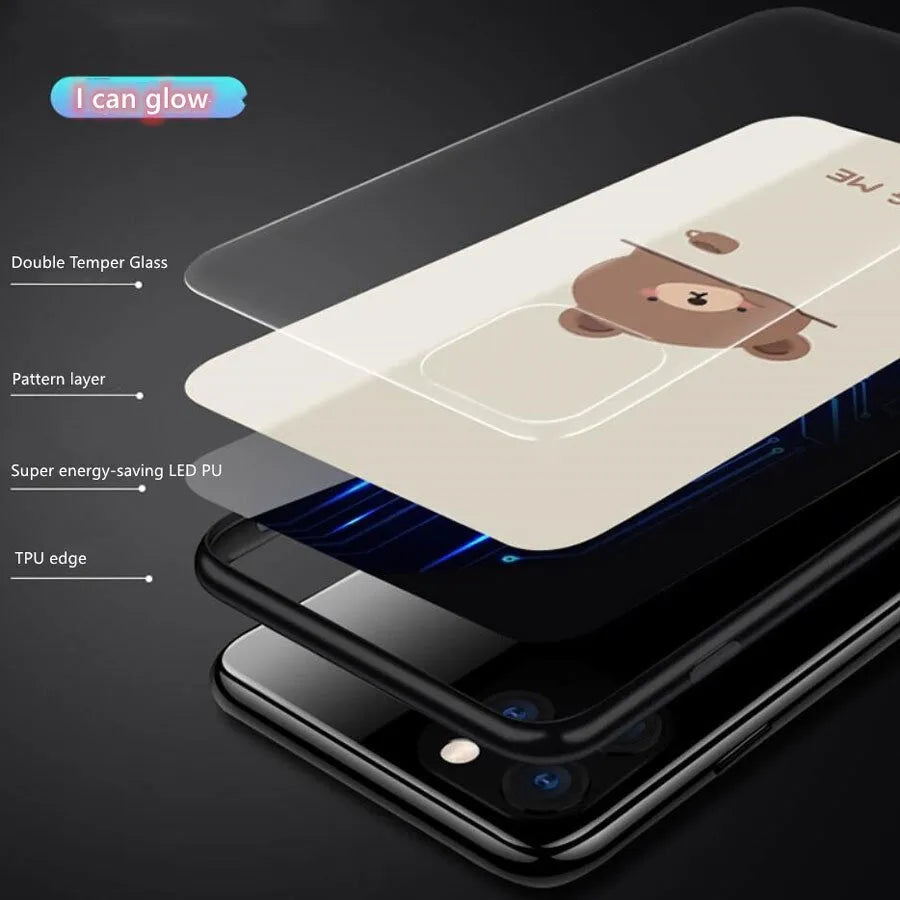 LED phone case for Apple iPhone with tempered glass back and glowing lights in cartoon colour
