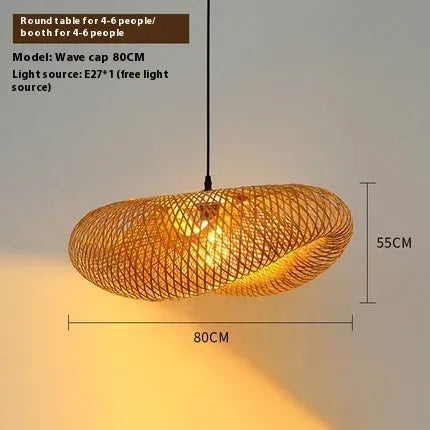 Woven bamboo straw hat-shaped hanging lamp chandelier in natural material showing textured ceiling pendant light fixture