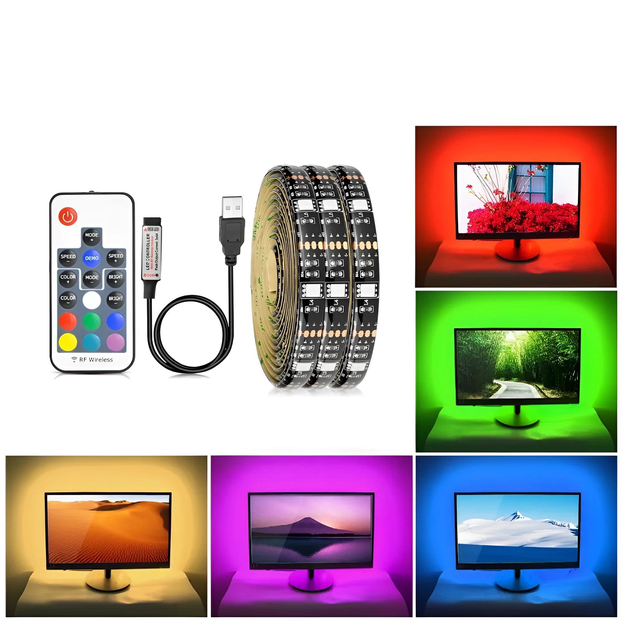 Flexible RGB LED light strip bent into shape, showing individual LEDs and adhesive backing.