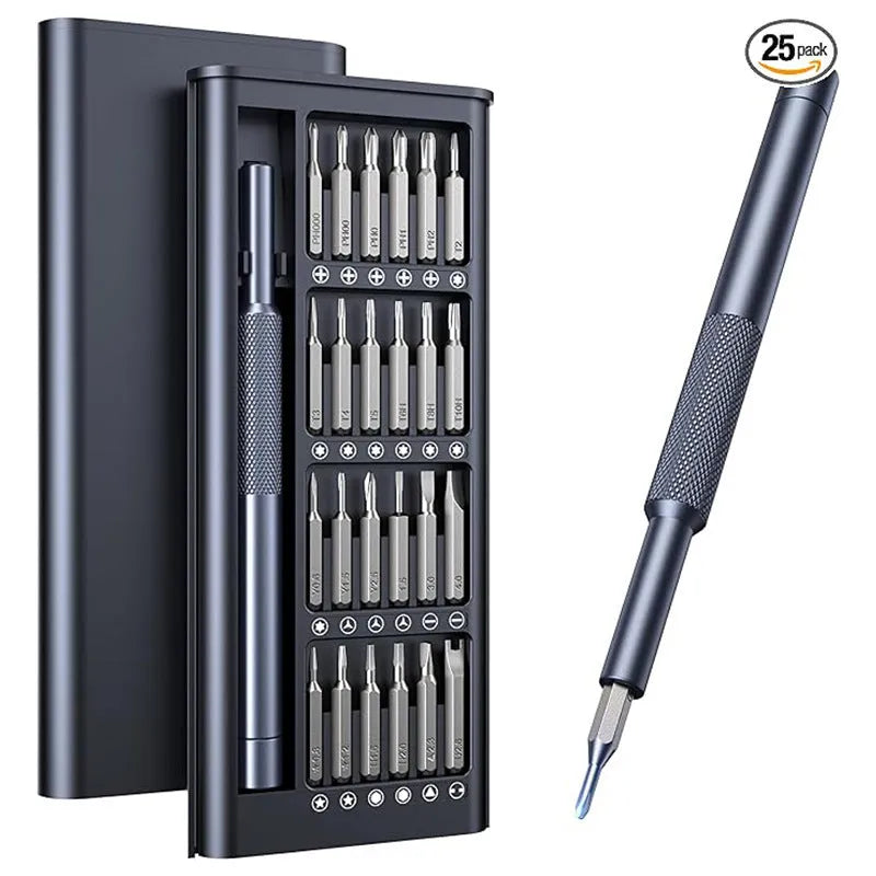 25-in-one precision screwdriver set with magnetic tip and chrome vanadium steel bits on a white background.