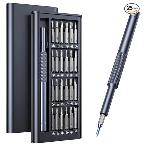 25-in-one precision screwdriver set with magnetic tip and chrome vanadium steel bits on a white background.