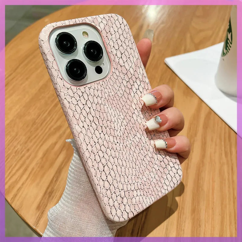 Gold silk snake pattern half pack anti-fall phone case for iPhone with plaid design, slim profile, orange colour