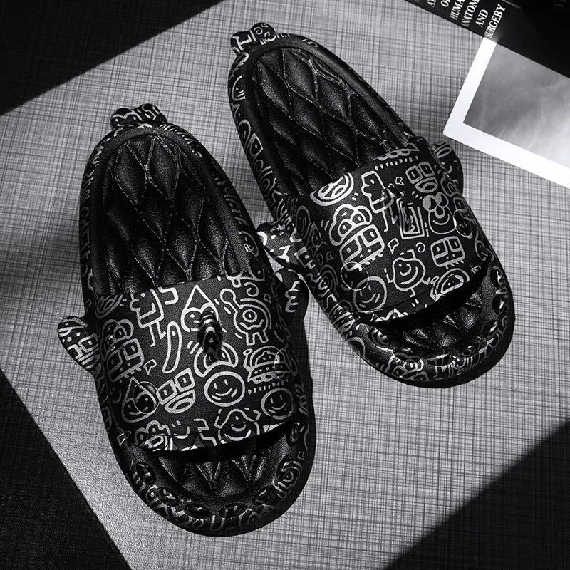 Shark-themed couple open toe slippers in beige EVA material on a white background.