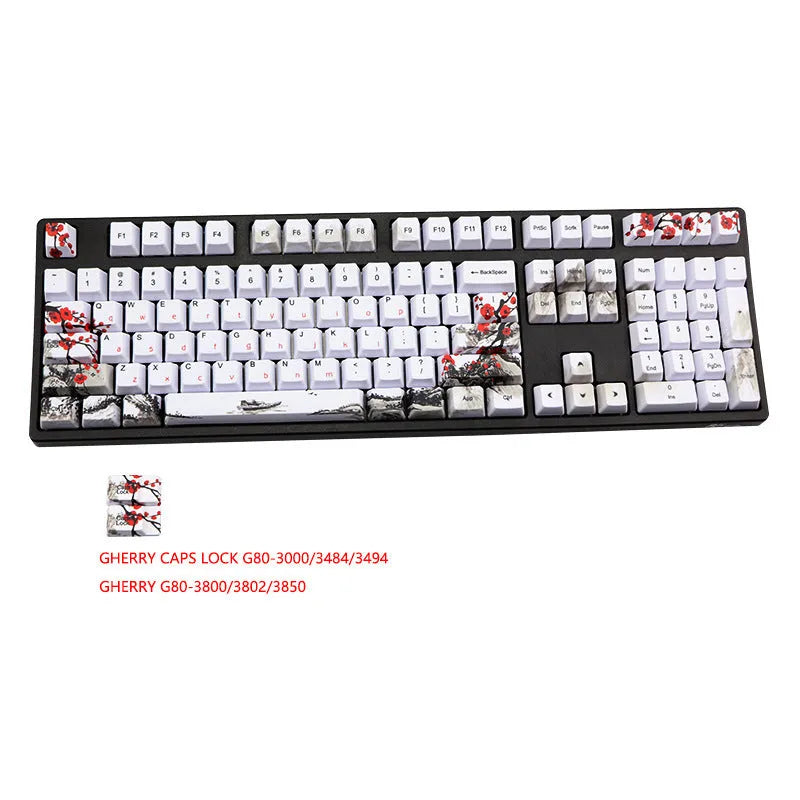 PBT Wangjiang plum blossom themed 109-key keycap set for mechanical keyboards, showing Korean and Japanese legends.