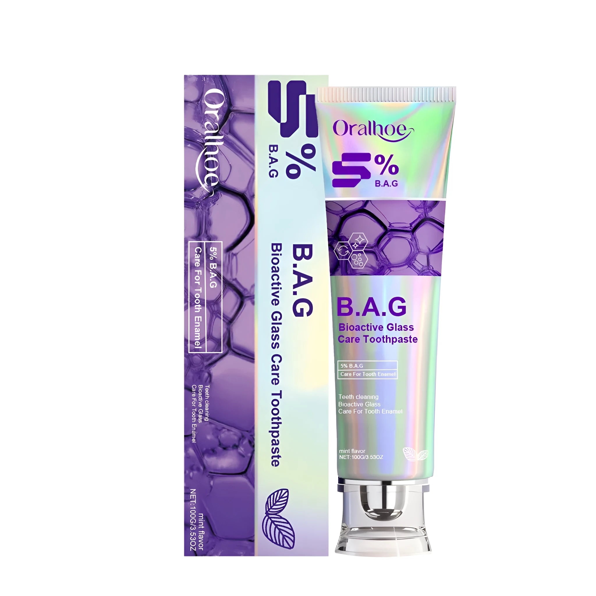 Oral care toothpaste tube 100g capacity with peppermint leaf extract and calcium phosphosilicate on clean bathroom surface