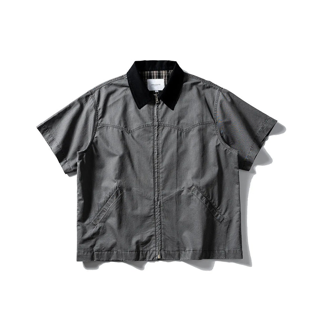Loose fit grey washed denim short sleeve shirt overalls on a hanger