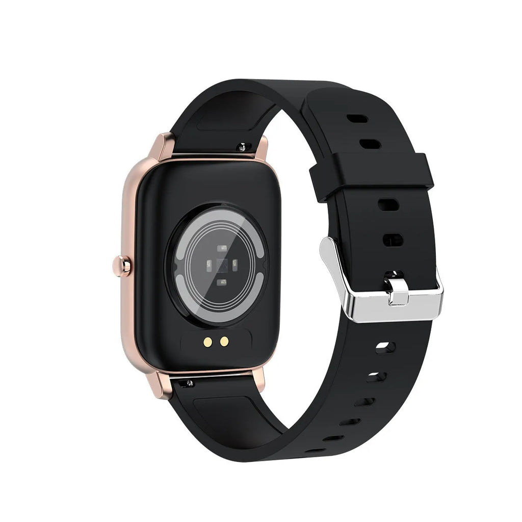 H80 smartwatch in black on a wrist, showing a heart rate graph on its 1.69-inch spherical glass screen.