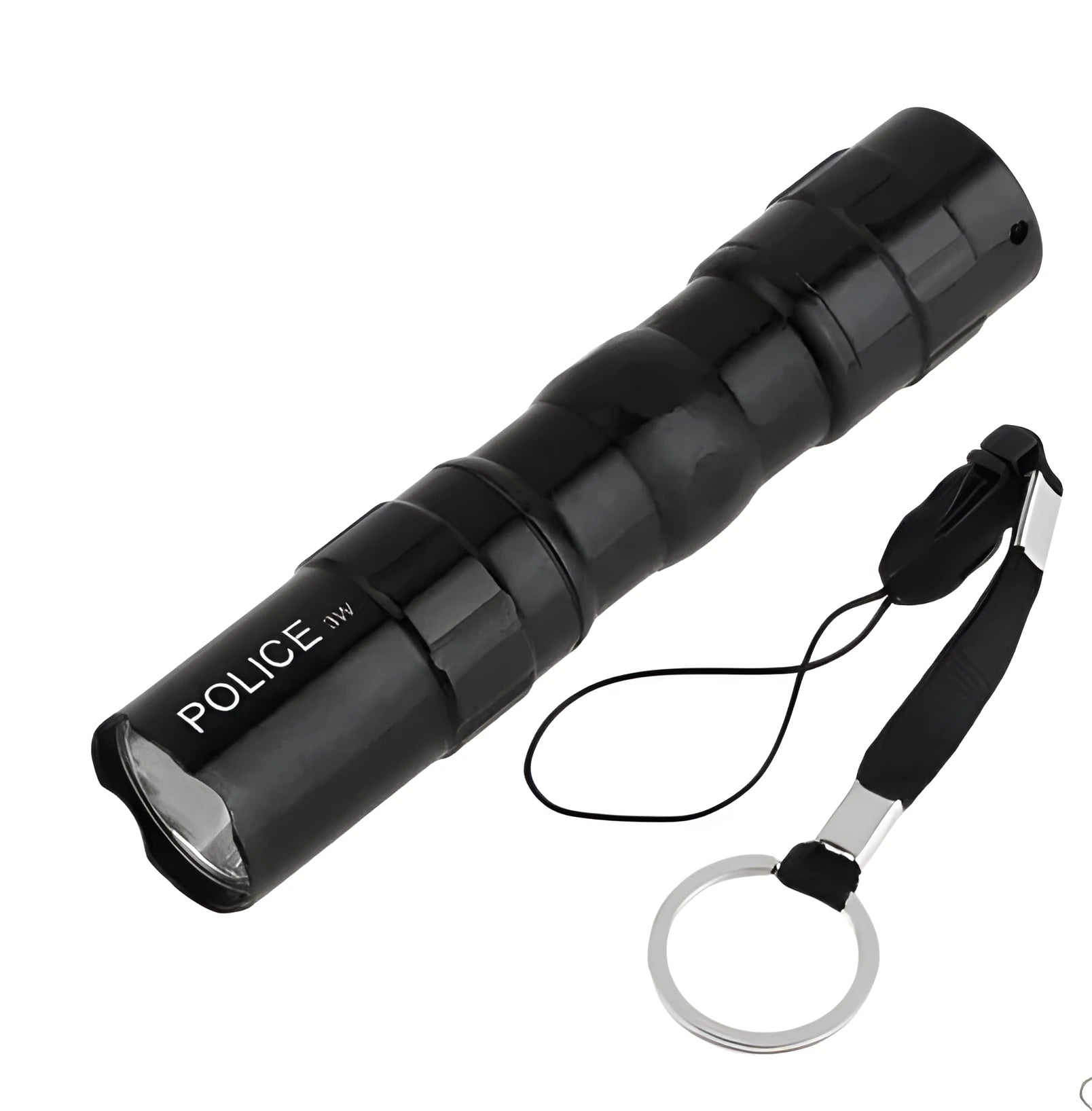 Black aluminium mini LED flashlight showing scale next to a AA battery.