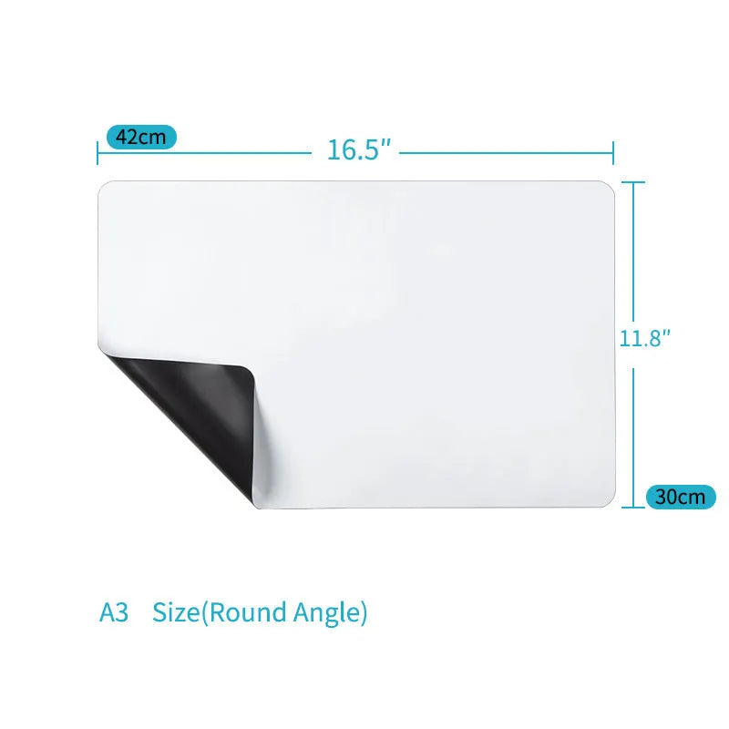 A3 magnetic soft whiteboard 297x420mm with PET whiteboard film and rubber magnetic backing, 0.35mm thick