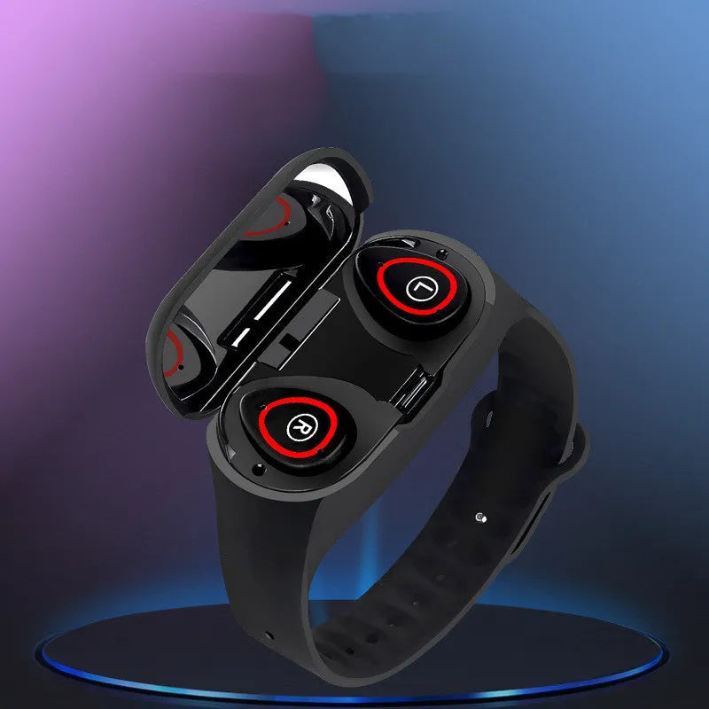 Smart bracelet with integrated wireless earphones showing 1-inch touchscreen display on silicone wristband
