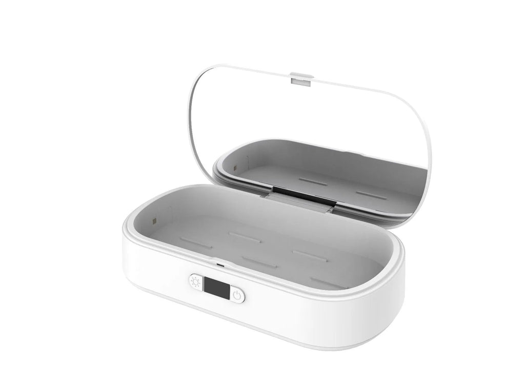 White UV steriliser and wireless charging box for mobile phones and small items