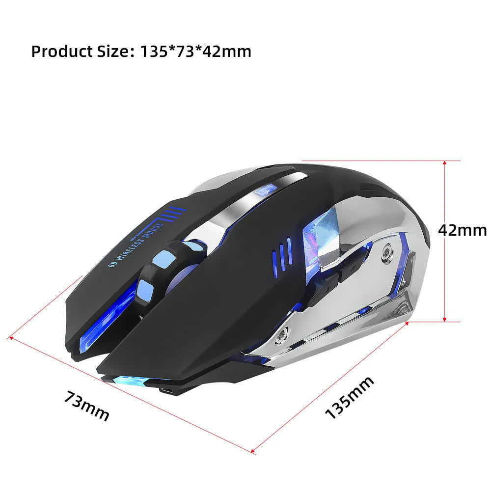 HXSJ black wireless gaming mouse with glowing LED lights and ergonomic shape for desktop use
