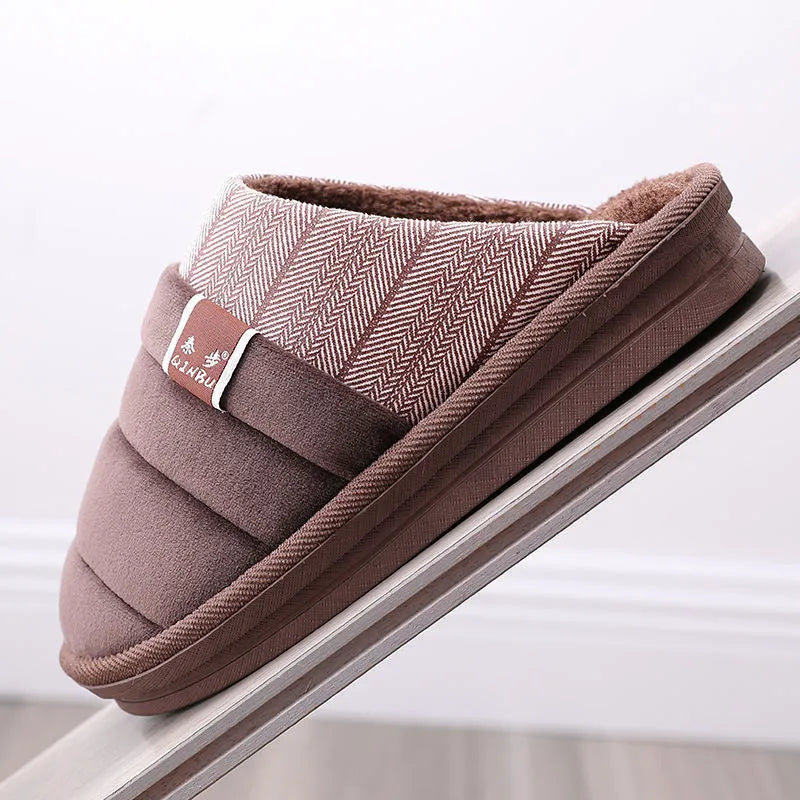 Unisex indoor winter slippers with plush insole and rubber outsole in coffee and grey colours