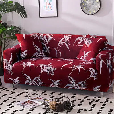 Geometric patterned stretch sofa slipcover fitted on a three-seater sofa
