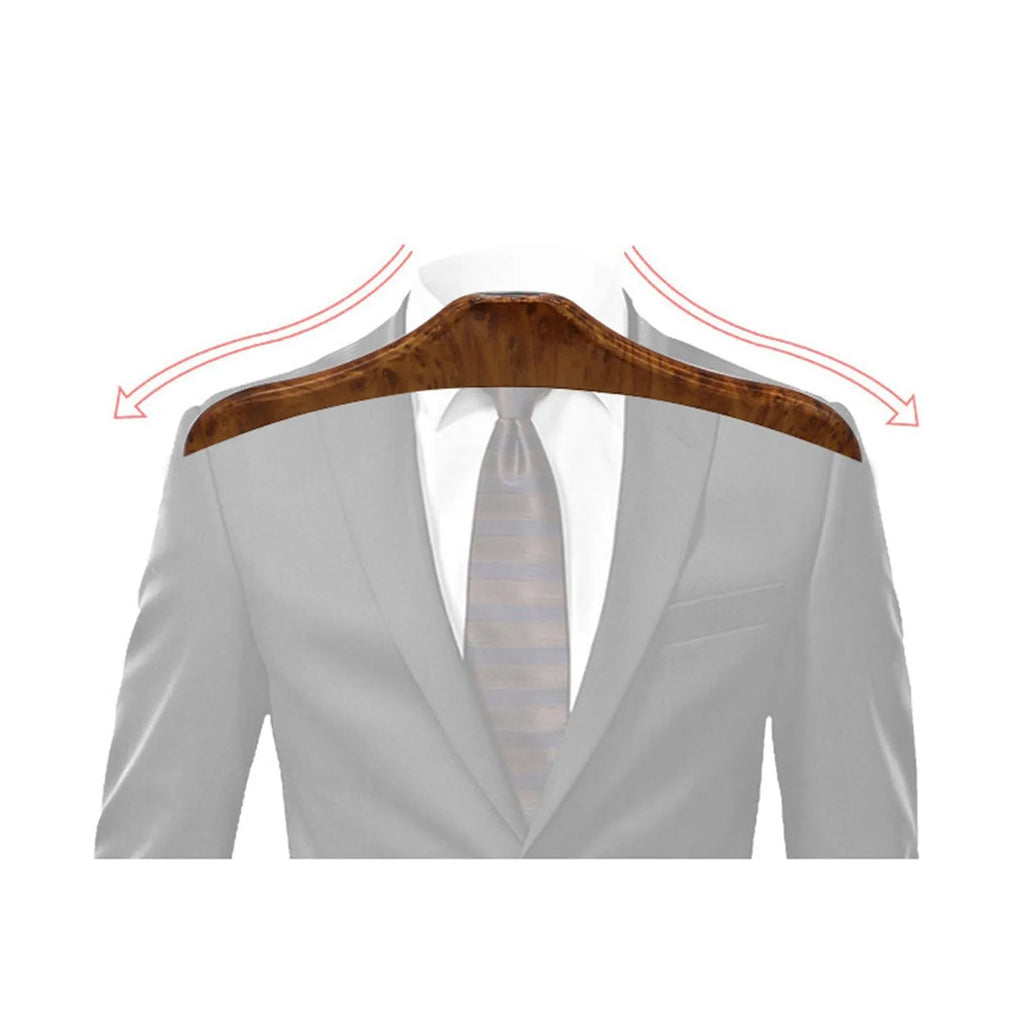 Wood yellow stainless steel car clothes hanger for suits and coats on a vehicle headrest.