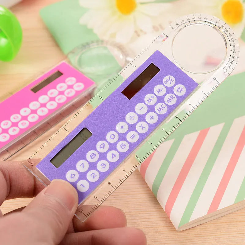 Solar mini calculator ruler magnifier ultra-thin transparent 8-digit display
