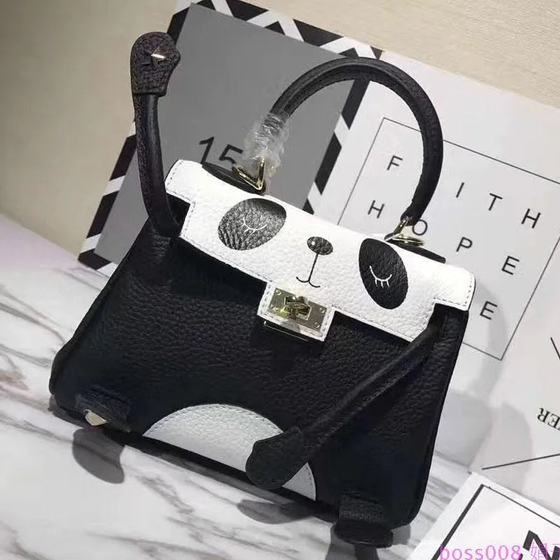 Horizontal square panda print handbag made from brown cowhide leather with sweet lady animal pattern.