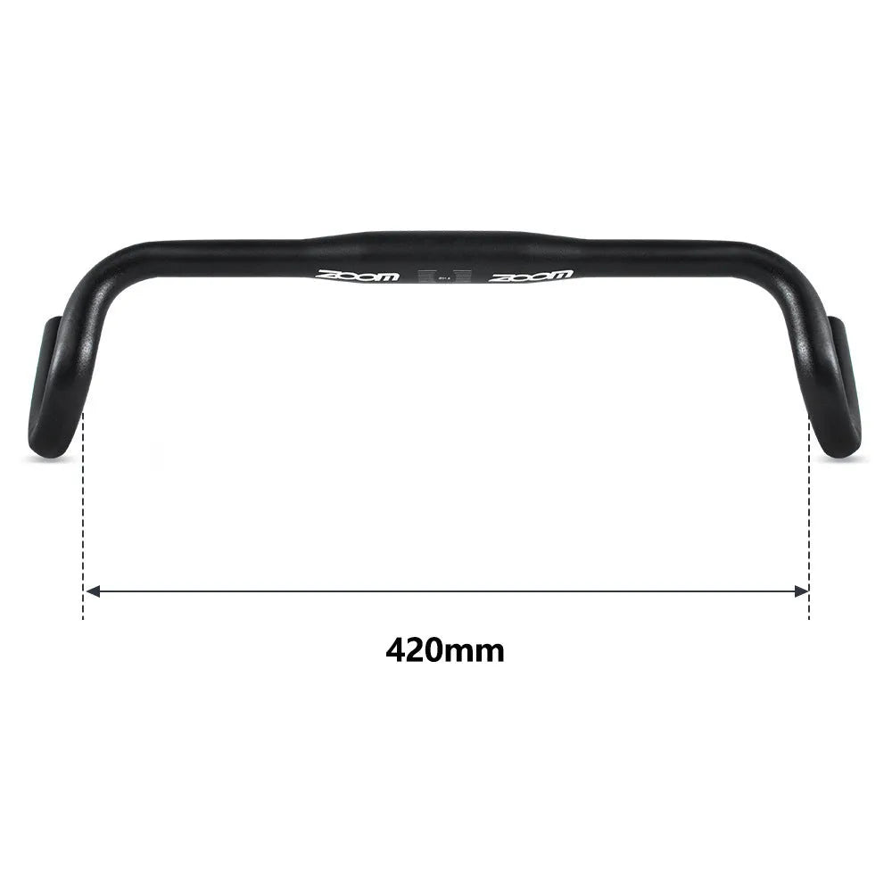 Black aluminium road bike bent handlebar showing 420mm width and 31.8mm clamp diameter
