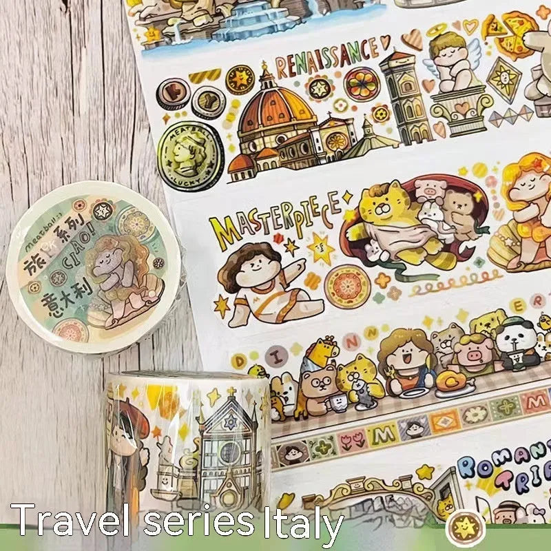 Colourful cartoon character adhesive sticker for sealing haemorrhoid tape packaging on Japanese paper.