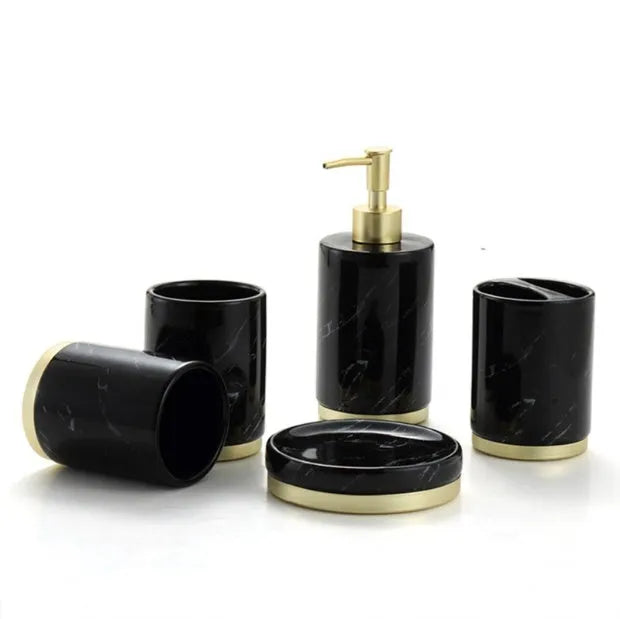Bright glaze ceramic bathroom set with soap dish, toothbrush holder, cup, and emulsion bottle in black.