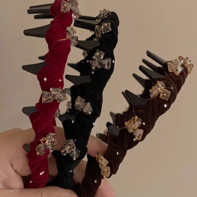 Women's velvet hair band with crystal wave decoration in red, black, and coffee colours.
