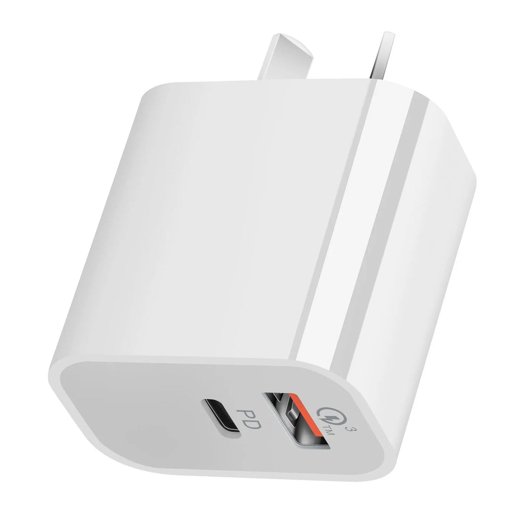 White dual port USB charger with Australian plug showing USB-A and USB-C ports